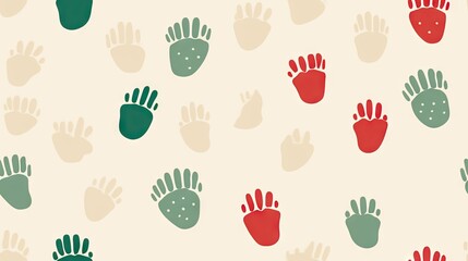  a pattern of hand prints on a white background with green and red colors.  generative ai