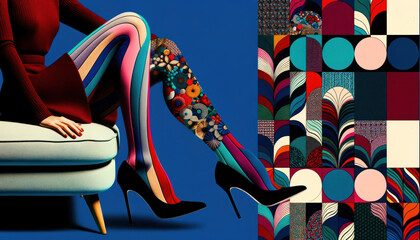 Modern art collage that features female legs, enveloped in a tapestry of colorful tights,...