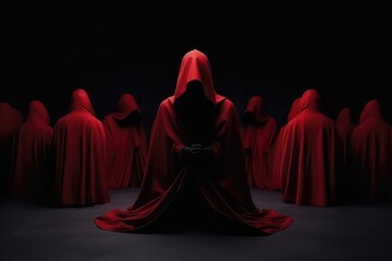 A Person In A Red Cloak Sitting In Front Of A Group Of Red Cloaks. Сoncept Person In Red Cloak, Mysterious Gathering, Secret Society, Hidden Identities. - obrazy, fototapety, plakaty