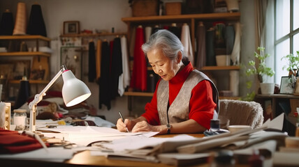 Fototapeta na wymiar Middle aged stylish Asian woman fashion designer drawing sketches in studio.
