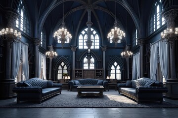 Fototapeta premium Interior Of Vast Vampire Castles Living Room. Сoncept Gothic Decor, Enchanting Ambience, Blood-Red Accents, Opulent Furnishings