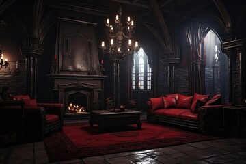Interior Of Vast Vampire Castles Living Room. Сoncept Gothic Furniture, Dark Décor, Opulent Design, Spooky Accents - obrazy, fototapety, plakaty