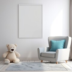 Mockup frame nursery room, teddy bear, vertical frame, baby boy room