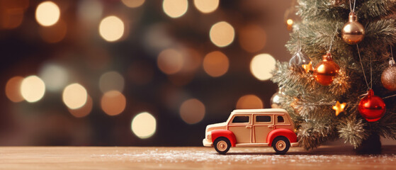 Christmas tree with car toy with beautiful bokeh of Christmas lights on wood table