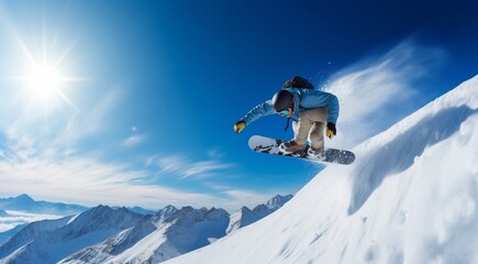 Naklejka na ściany i meble snowboarder jumping in the air, snowboarder jumping in the mountains, close-up of snowboarder doing tricks, snowboarder in the mountains, snowboarder on the snow