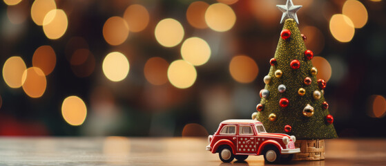 Christmas tree with car toy with beautiful bokeh of Christmas lights on wood table - obrazy, fototapety, plakaty