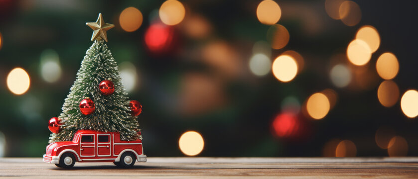 Christmas tree with car toy with beautiful bokeh of Christmas lights on wood table