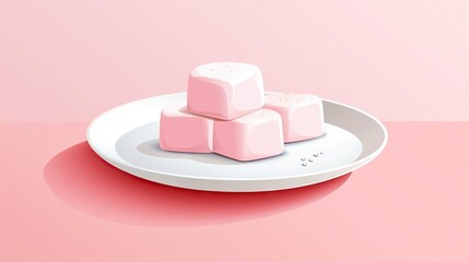  a white plate topped with three pink marshmallows.  generative ai
