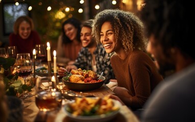 Obraz na płótnie Canvas Festive meal. Friends and family gathered around a dining table