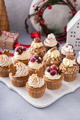 Variety of Christmas cupcakes with gingerbread, sugared cranberry and candied pecans