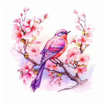 A bird sitting on a flower branch watercolor paint