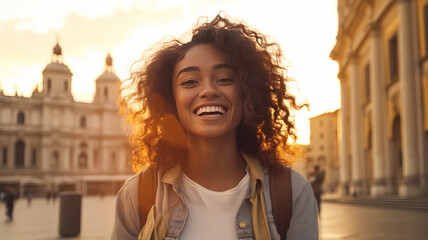 Happy tourist young woman taking selfie in front of Rome, Italy landmark.