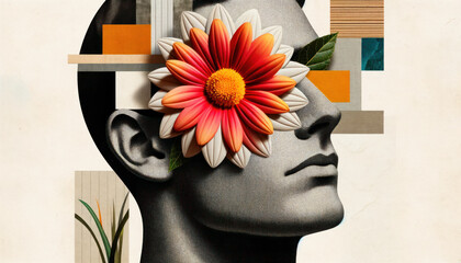 Modern art collage showcasing a man's head, but instead of eyes, nose, and mouth, a single, radiant flower takes center stage. The flower, in full bloom