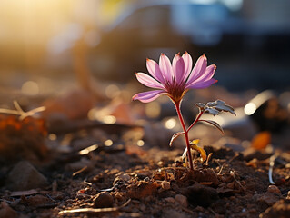 A single flower is growing out from dirt as an image of beauty