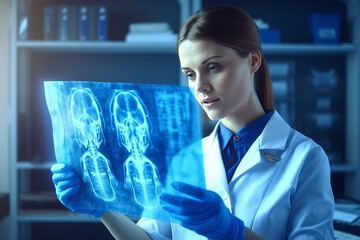 female doctor holds a blue bone scan sheet By pointing a finger at his own head.