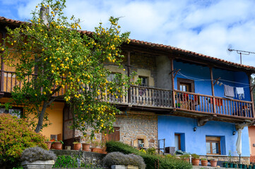 Fototapeta na wymiar Travelling by car in Asturias, North of Spain. View on village, houses, gardens near Villaviciosa