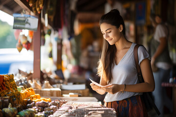 Young female tourist buys souvenirs from a local shop in Chiang Rai, Thailand. Support local products and economy Sustainable traveler sustainable tourism - obrazy, fototapety, plakaty