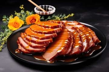 Sliced Honeyglazed Ham, Traditional Delicacy For Special Occasions. Сoncept 1. Traditional Holiday Feasts 2. Delicious Glazed Meats 3. Special Occasion Recipes 4. Gourmet Ham Dishes