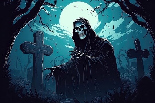 Skeleton King Grim Reaper In Haunted Graveyard, Digital Art. Сoncept Horror-Themed Digital Art, Skeleton King, Grim Reaper, Haunted Graveyard
