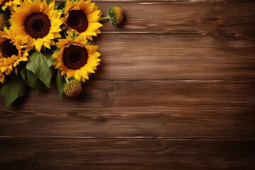 Obraz premium Sunflowers Displayed On Wooden Board, Adding Touch Of Sunshine To The Setting. Сoncept Floral Arrangements, Home Decor, Nature-Inspired Art, Summer Vibes