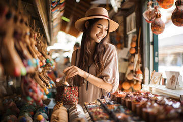 Young female tourist buys souvenirs from a local shop in Chiang Rai, Thailand. Support local products and economy Sustainable traveler sustainable tourism - obrazy, fototapety, plakaty