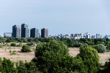 Obraz premium Vacaresti Delta or Vacaresti natural park with buildings in the background. Bucharest, Romania.