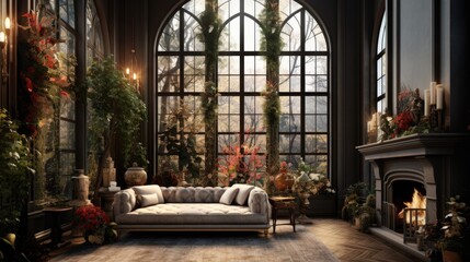 A living room filled with furniture and a fire place - obrazy, fototapety, plakaty