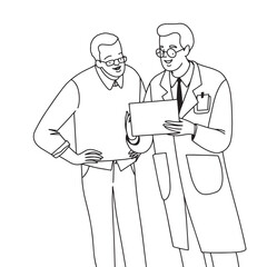 The doctor shows the patient the results of the tests, line flat vector minimalistic illustration. Vector illustration
