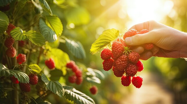  a person picking raspberries from a bush in the sun.  generative ai