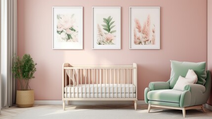 A baby's room with pink walls and a crib