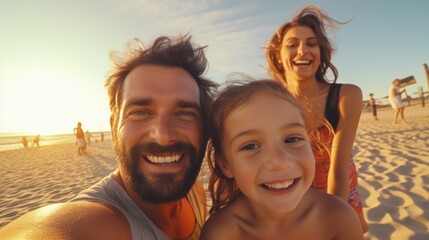 A man taking a selfie with a little girl on the beach