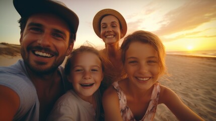 A family taking a selfie on the beach at sunset