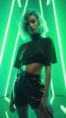 Fototapeta na wymiar A woman posing in front of neon lights