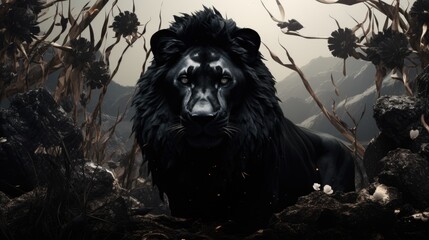 A black lion standing in the middle of a forest - obrazy, fototapety, plakaty