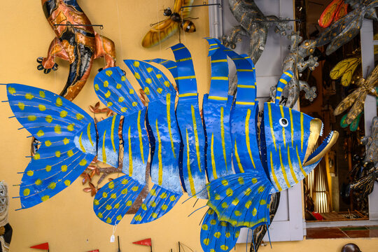 Travel destination, blue fish in shop in small ancient village Cotignac in Var, Provence, surrounded by vineyards and cliffs with troglodytes houses.