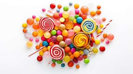  a pile of assorted candies and lollipops on a white background.  generative ai