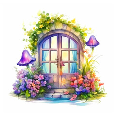 Fairy tale home and flowers watercolor painting