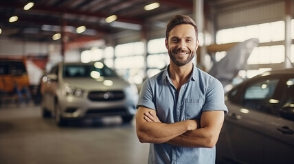 Attractive man happy with Mechanic good car maintenance service insurance claim, car rental generative ai - obrazy, fototapety, plakaty