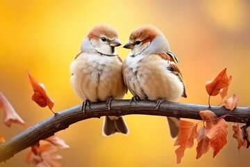 Two Cute Birds, Sparrows In Knitted Hats, Perched On Tree Branch Against Blurred Autumn Backdrop. Сoncept Cute Birds, Sparrows In Hats, Autumn Backdrop, Tree Branch