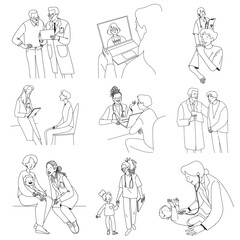 Doctors with patients big collection, flat line vector minimalistic set illustration. Vector illustration