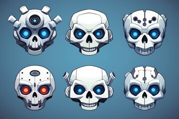 Vector Illustration Of Cartoon Robot Skulls And Crossbones Icons. Сoncept Robot Skulls, Crossbones, Vector Illustration, Cartoon Icons