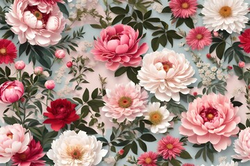: Craft a 3D rendering that transforms nature's beauty into a seamless tapestry, featuring a mix of peonies, roses, asters, leaves, and plants in shabby chic style. Experiment with lighting effects to