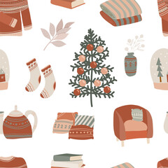 Christmas seamless pattern of vector winter cozy home objects in scandinavian style, hand drawn vector illustration