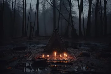  Witchcraft Ritual In Dark Gloomy Forest For Halloween. Сoncept Halloween Traditions, Witchcraft Practices, Dark Forest Ambiance, Spooky Rituals © Anastasiia