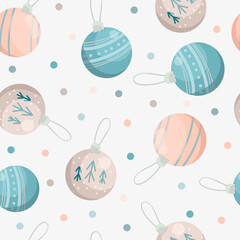 Seamless pattern of vector winter Christmas decorations in flat style, winter pattern for wrapping paper, hand drawn vector illustration