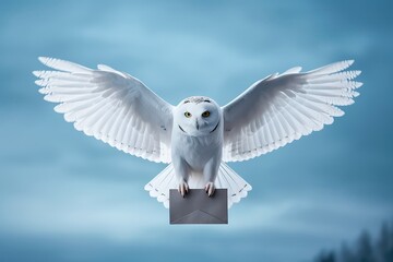 White Owl Delivers Magical School Letter. Сoncept White Owl's Mystery - obrazy, fototapety, plakaty