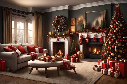 Craft a 3D rendering that emphasizes the grandeur of a classical Christmas interior. Design a room with tall columns, detailed moldings, and a stately fireplace. Decorate the space with opulent Christ