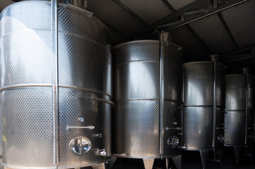 Steel tanks for fermentation of grapes, wine making in Lazio, Italy