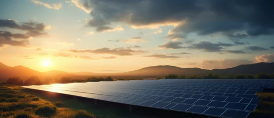Fotobehang Beautiful field of photovoltaic big solar panels in countryside with in sunset.generative ai © LomaPari2021