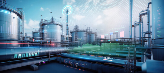 oil and gas power plant refinery with storage tanks facility for oil production or petrochemical factory infrastructure and demand price chart concepts as wide banner hologram hud datum data - obrazy, fototapety, plakaty
